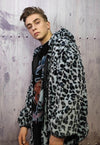 Leopard fleece jacket in grey animal print hooded bomber