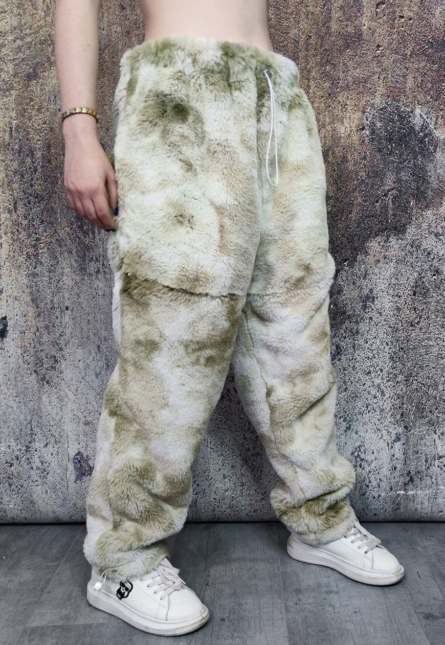 Tie-dye faux fur joggers fleece pants 2 in 1 trouser shorts