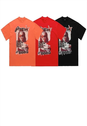 Grunge t-shirt raver print tee retro poster top in orange