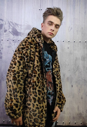 Leopard fleece jacket in brown animal print hooded bomber