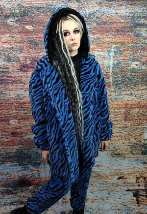 Zebra fleece coat handmade 2in1 stripe trench jacket in blue