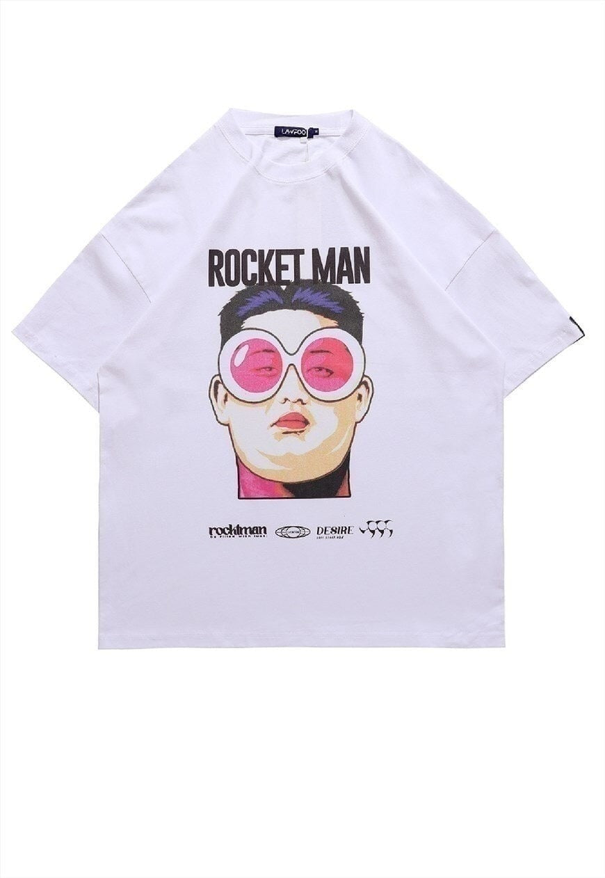 Rocket man t-shirt Korean tee Gangnam style top in white