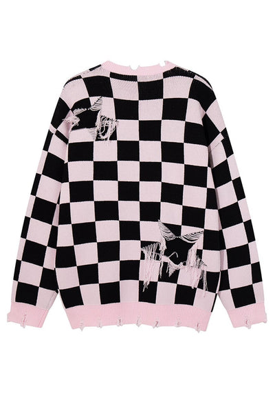 SKA check sweater plaid pattern knit top patchwork jumper