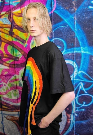 Rainbow t-shirt reworked rope top thread patch tee in black