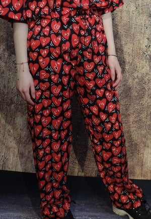 Heart print beam joggers handmade love emoji overalls red