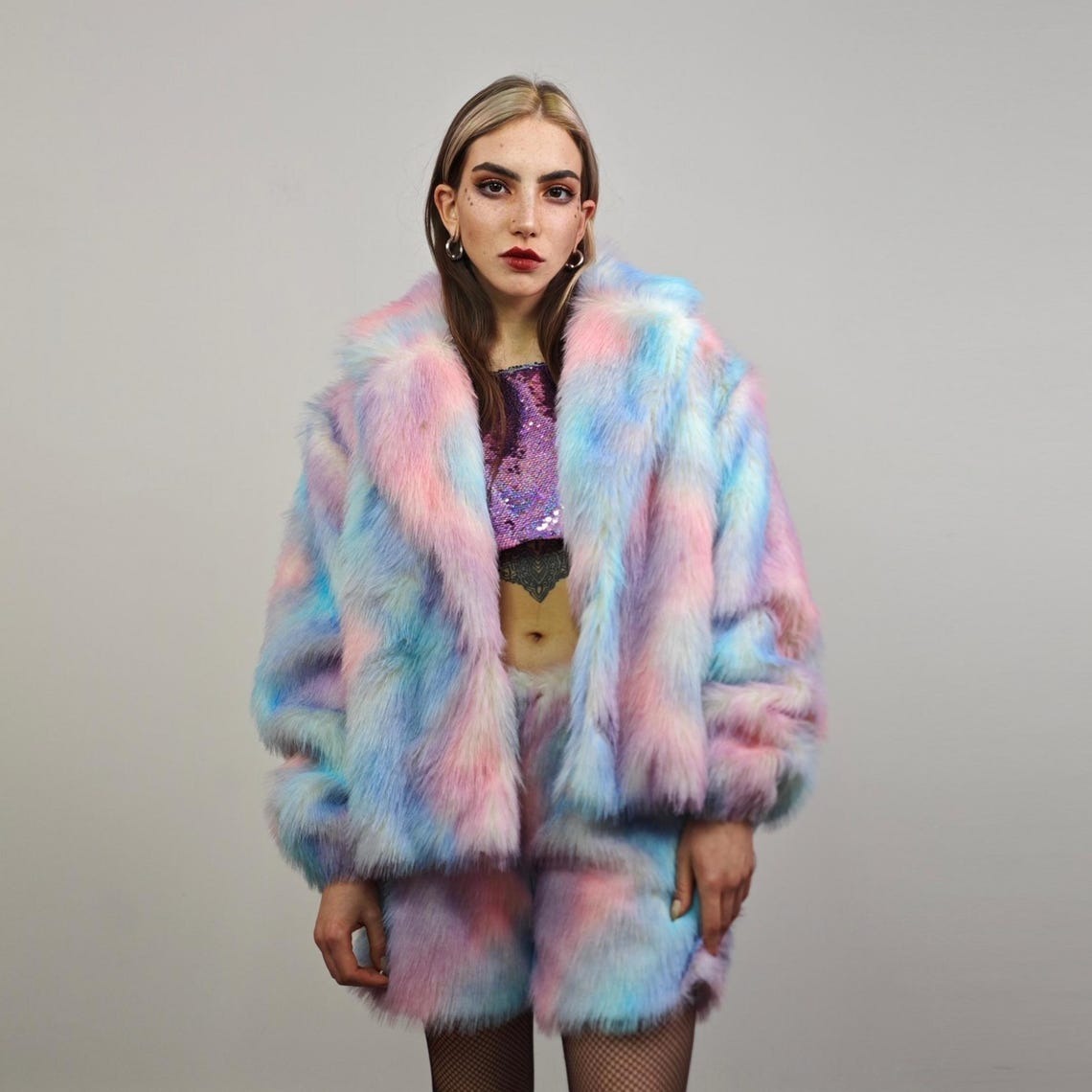 Rainbow faux fur coat tiedye trench shaggy cropped gay jacket LGBT bomber fuzzy unicorn detachable sleeves festival overcoat carnival fleece