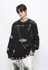 Ripped gothic sweater black shredded pattern chained jumper