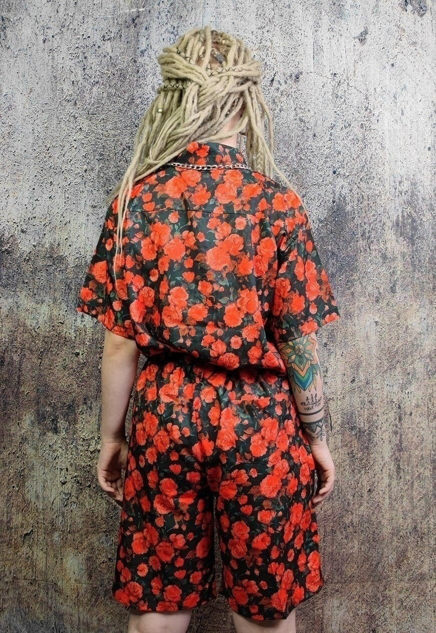 Floral sports set rose pattern shirt & shorts combo in red