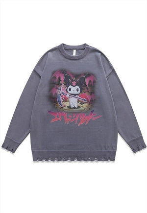 Anime sweater Manga knit distressed Japanese jumper in beige