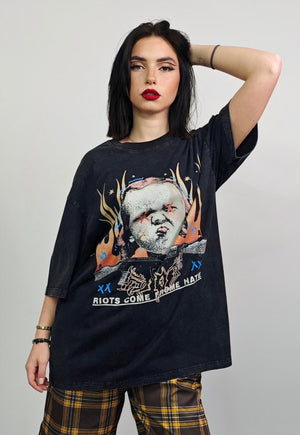 Flame t-shirt riot slogan tee retro punk top in vintage grey