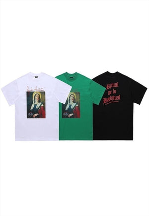 Saint print t-shirt psychedelic tee religion top in white