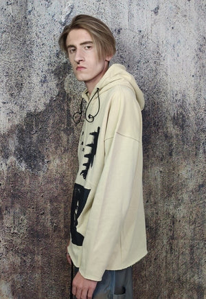 Unusual stitching hoodie Creepy eye punk pullover in cream