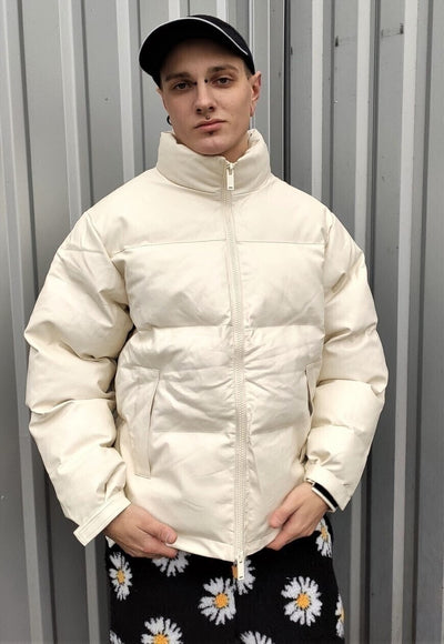 PU leather quilted bomber rubber padded puffer jacket cream