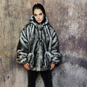 Faux fur luxury jacket handmade premium fleece jacket fluffy hooded coat grunge bomber tie-dye puffer in vintage acid grey