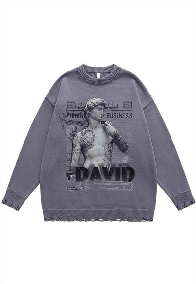 David statue sweater ripped jumper grunge knitted top beige