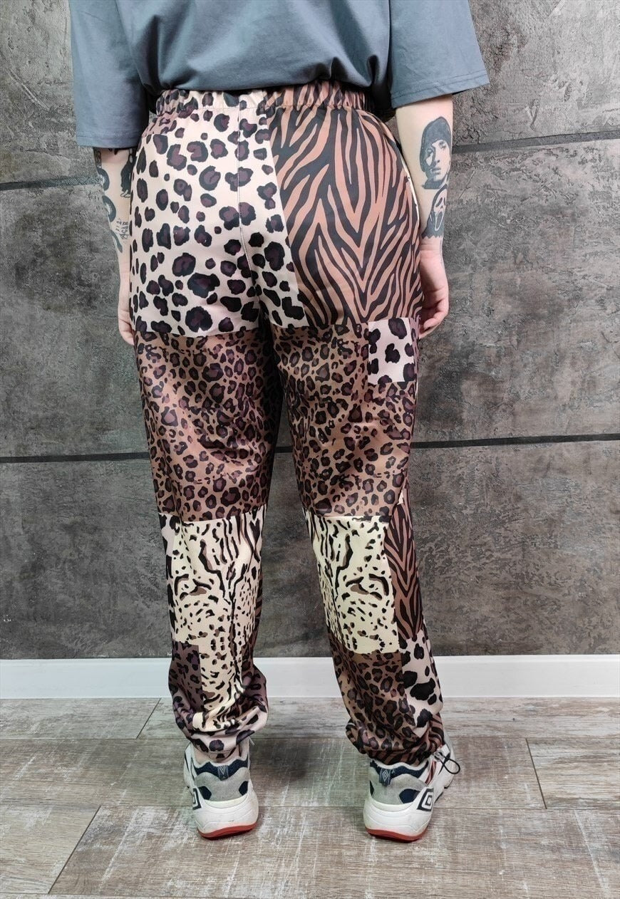 Leopard joggers handmade animal print raver pants in brown