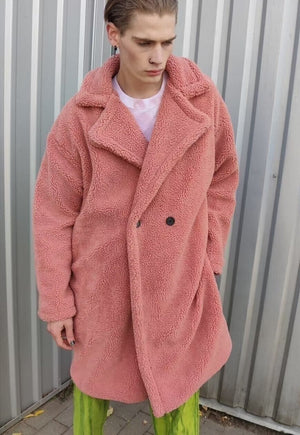 Fleece trench jacket in pastel pink faux fur fluffy mac coat