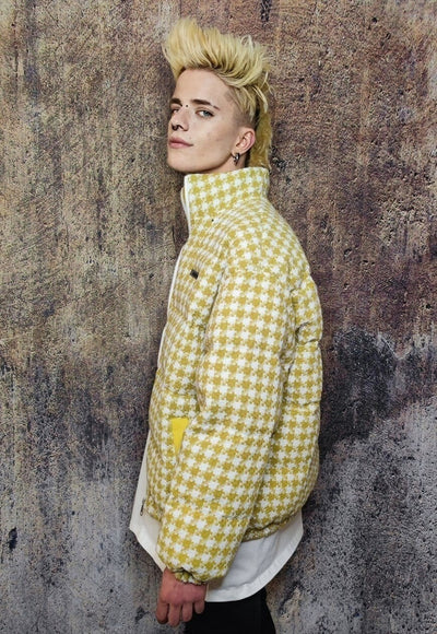 Dog-tooth jacket preppy bomber retro check coat in yellow