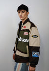 Racing denim jacket patch padded motorcycle bomber in brown