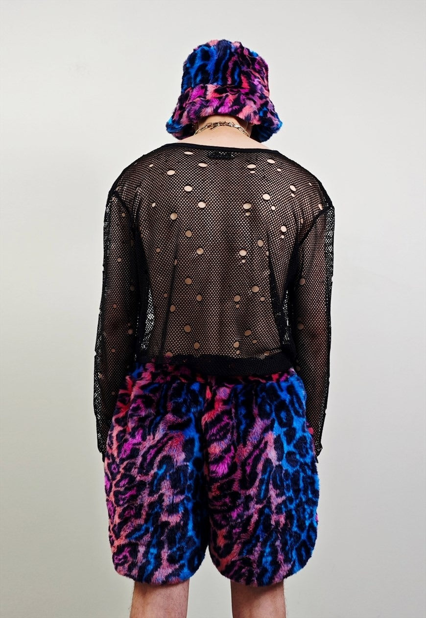 Faux fur leopard shorts blue animal print cropped ski pants