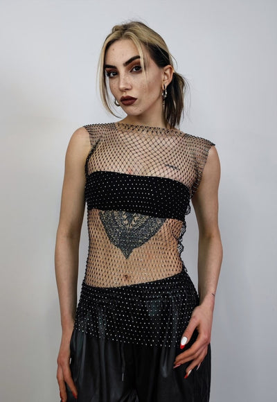 Netted mesh vest diamante transparent glitter tank top black