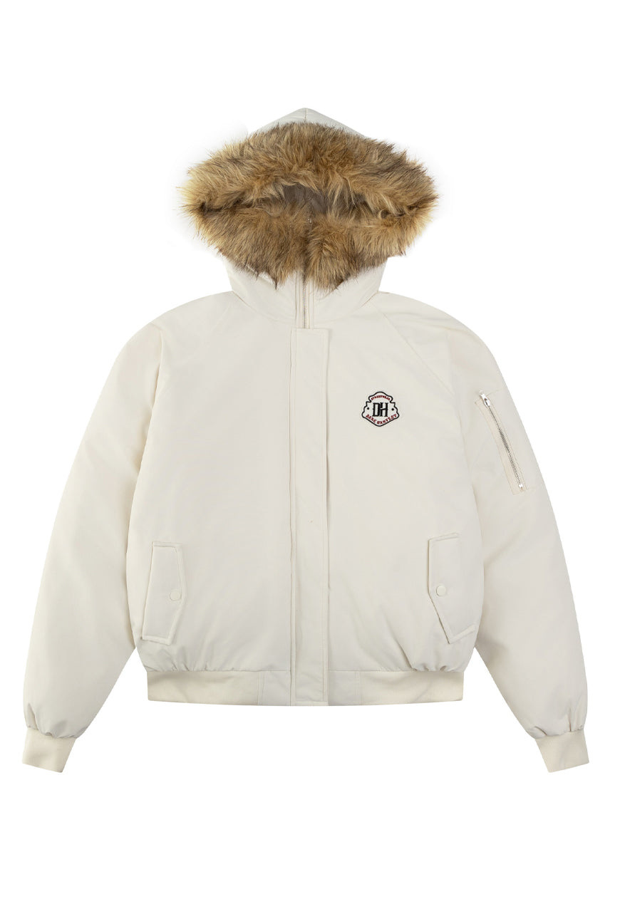 White parka jacket faux fur collar bomber shaggy puffer