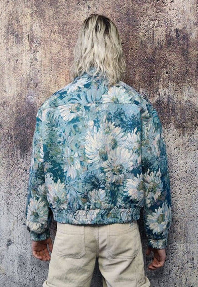 Floral print denim jacket shoulder padded crop jean bomber