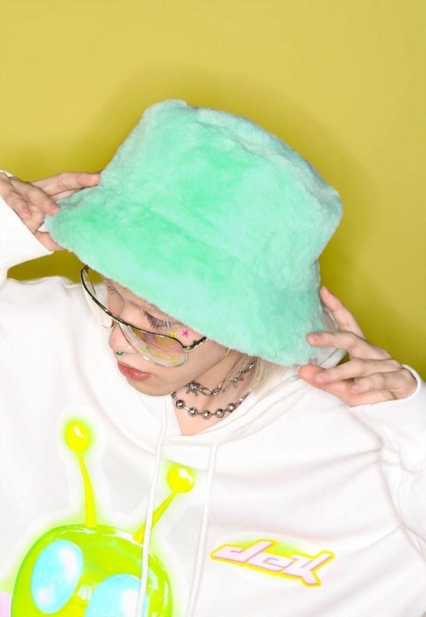 Festival faux fur bucket hat fluffy neon hat rave cap turq