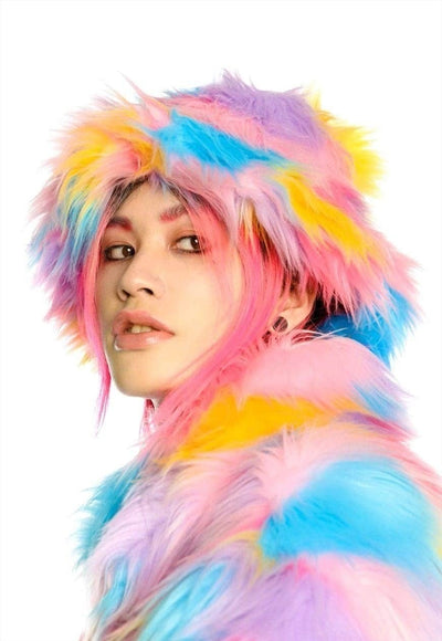 Rainbow bucket hat faux fur fluffy unicorn hat rave cap pink