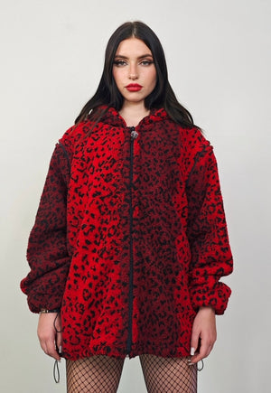 Leopard fleece red hooded bomber detachable sleeves jacket