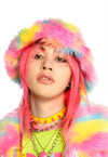 Rainbow bucket hat faux fur fluffy unicorn hat rave cap pink