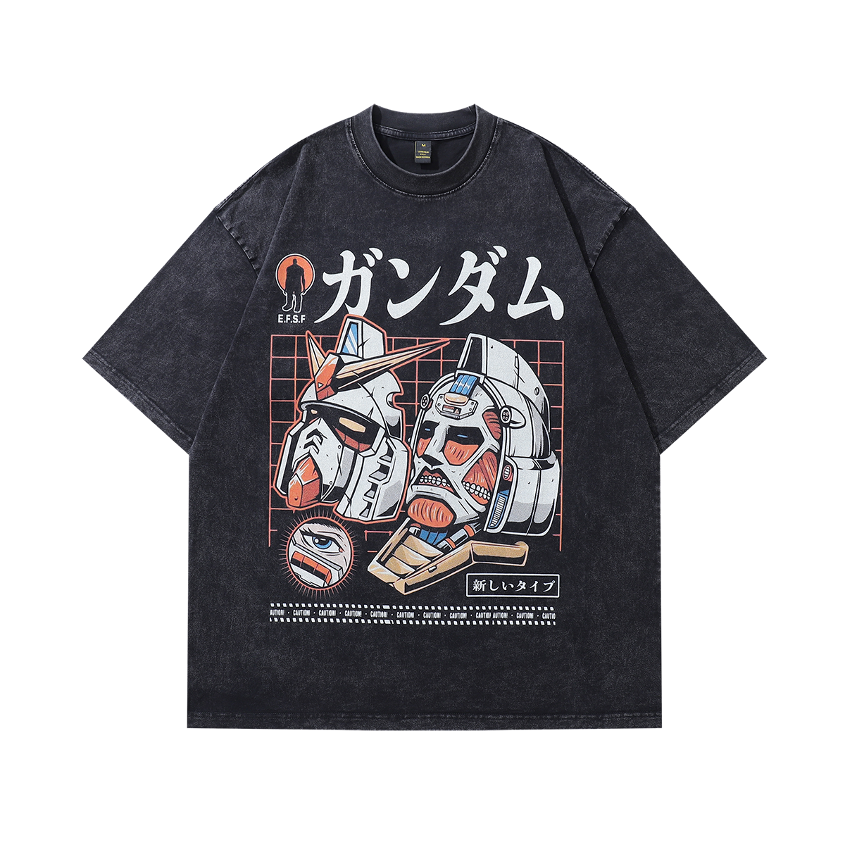 Robot print t-shirt anime tee retro Japanese top in vintage grey