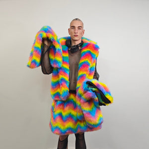 Faux fur skirt rainbow midi fluffy fleece dress unicorn bottoms fluffy carnival skirt elasticated waist skirt burning man luminous skirt