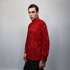 Sequin embellished shirt long sleeve glitter blouse shiny fancy dress top going out sweatshirt boho sparkly jumper in red