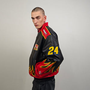 Flame patchwork racing jacket vintage faux leather varsity Japanese style motorsports F1 bomber burning fire embroidered formula one coat
