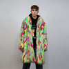 Psychedelic faux fur longline coat shaggy trench bright raver bomber fluffy winter fleece festival jacket neon burning man coat green pink