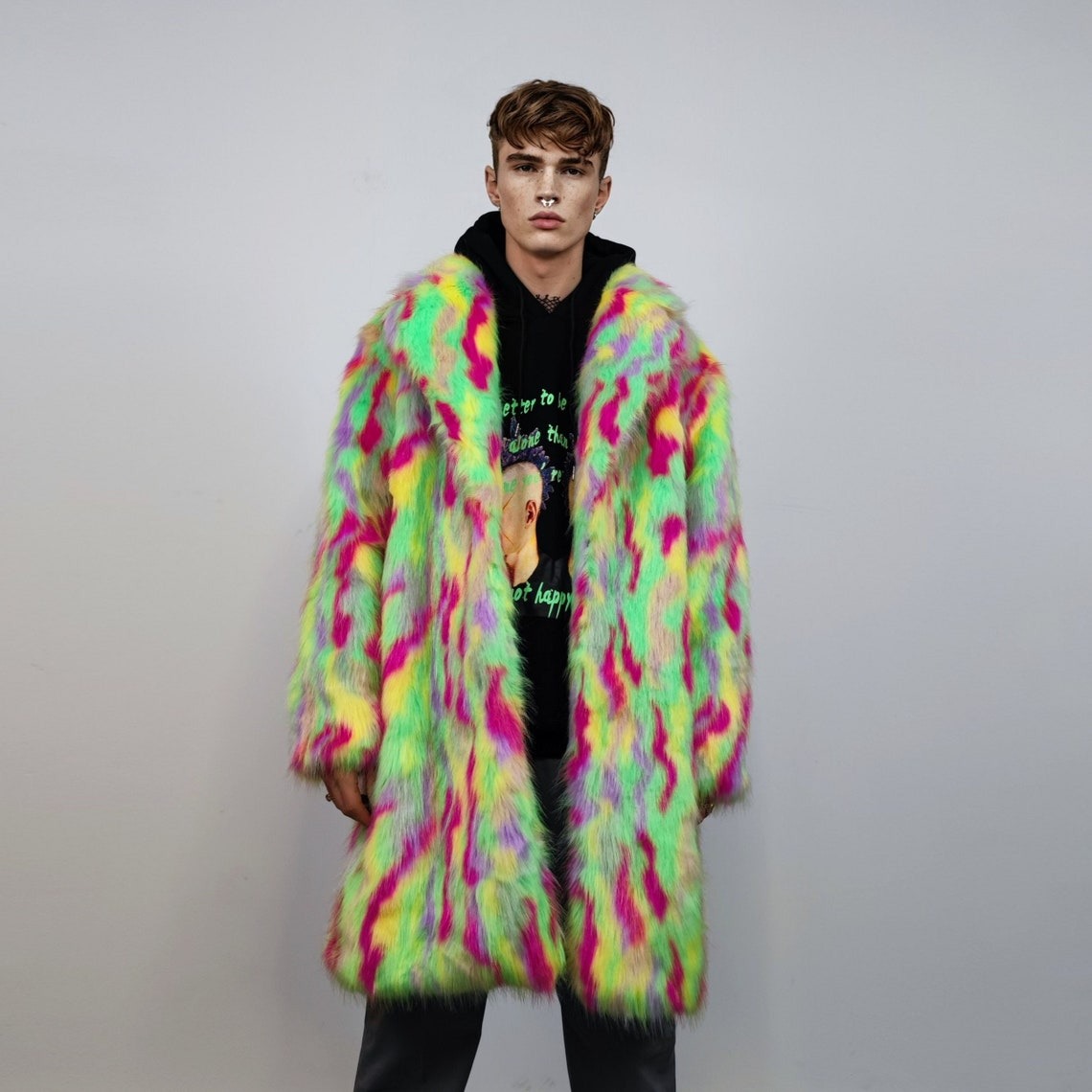 Psychedelic faux fur longline coat shaggy trench bright raver bomber fluffy winter fleece festival jacket neon burning man coat green pink