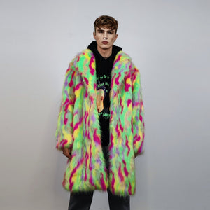 Psychedelic faux fur longline coat shaggy trench bright raver bomber fluffy winter fleece festival jacket neon burning man coat green pink