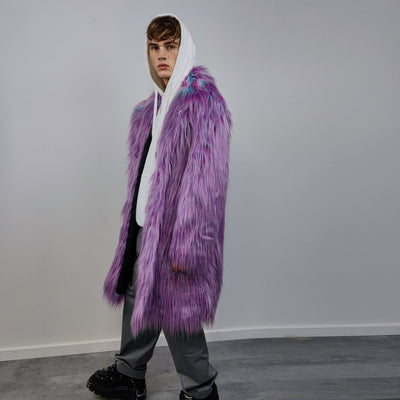 Shaggy faux fur lavender coat long neon trench bright raver bomber fluffy winter fleece luminous festival jacket burning man overcoat purple