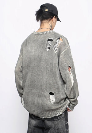 Oil wash ripped sweater grey knitted distressed punk jumper