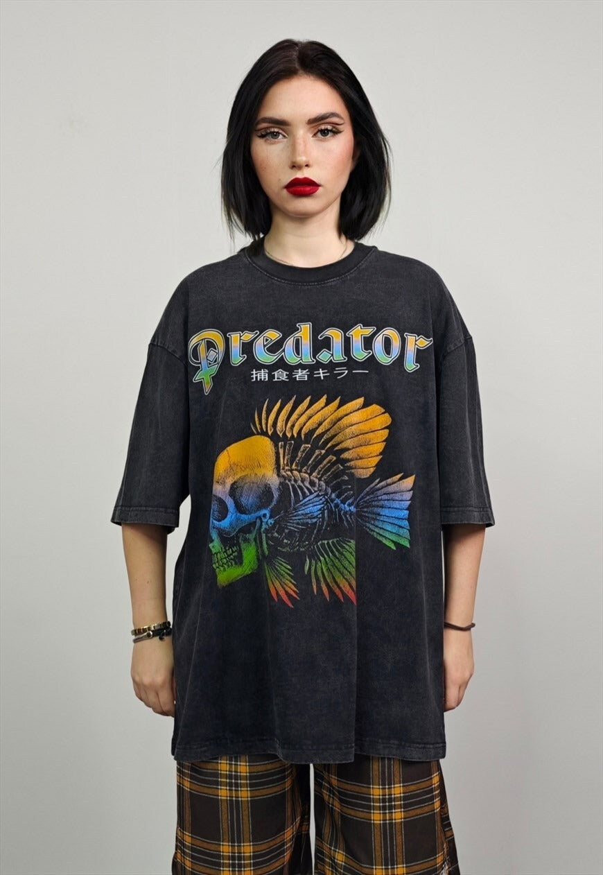 Fish bone t-shirt predator slogan tee retro top vintage grey