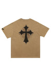 Cross print t-shirt Gothic writing tee grunge punk top brown