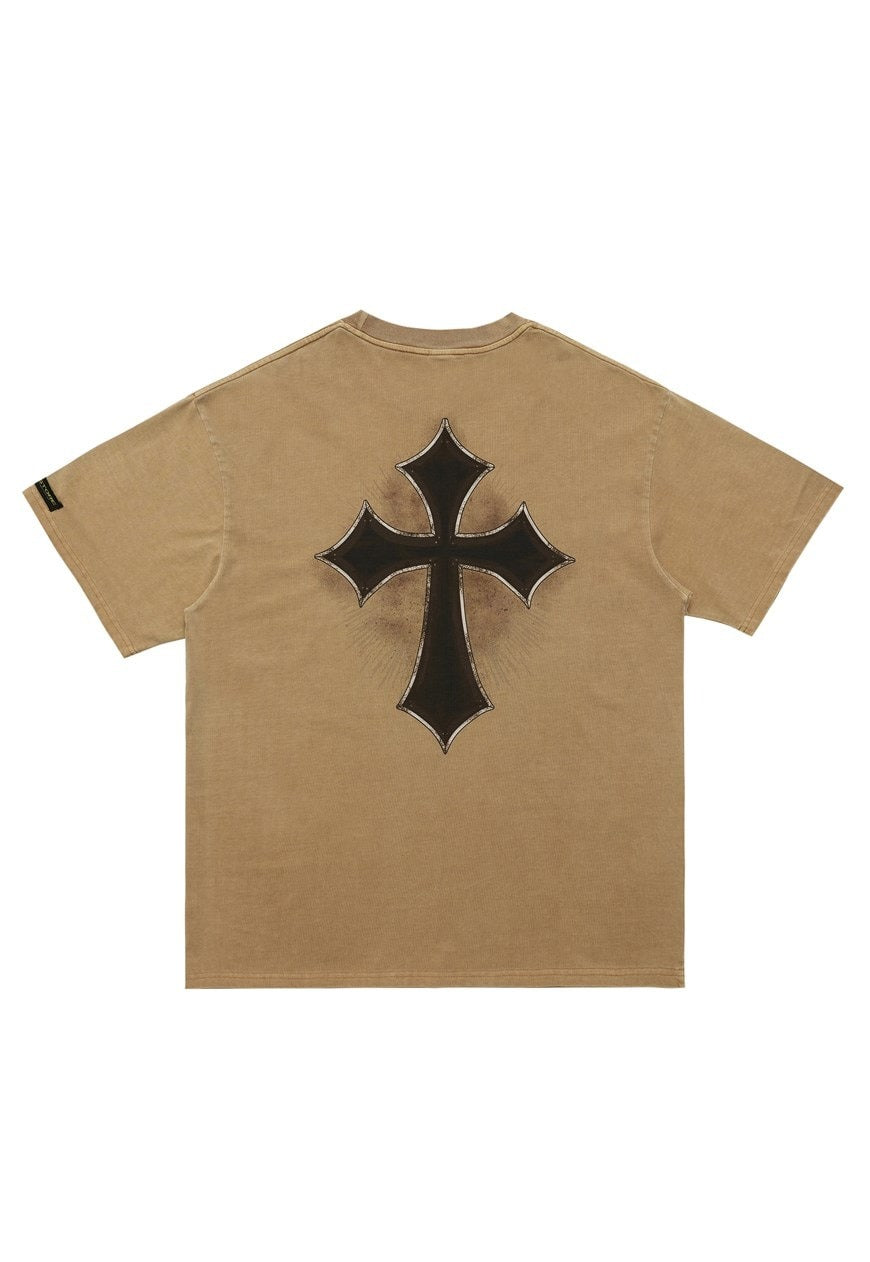 Cross print t-shirt Gothic writing tee grunge punk top brown