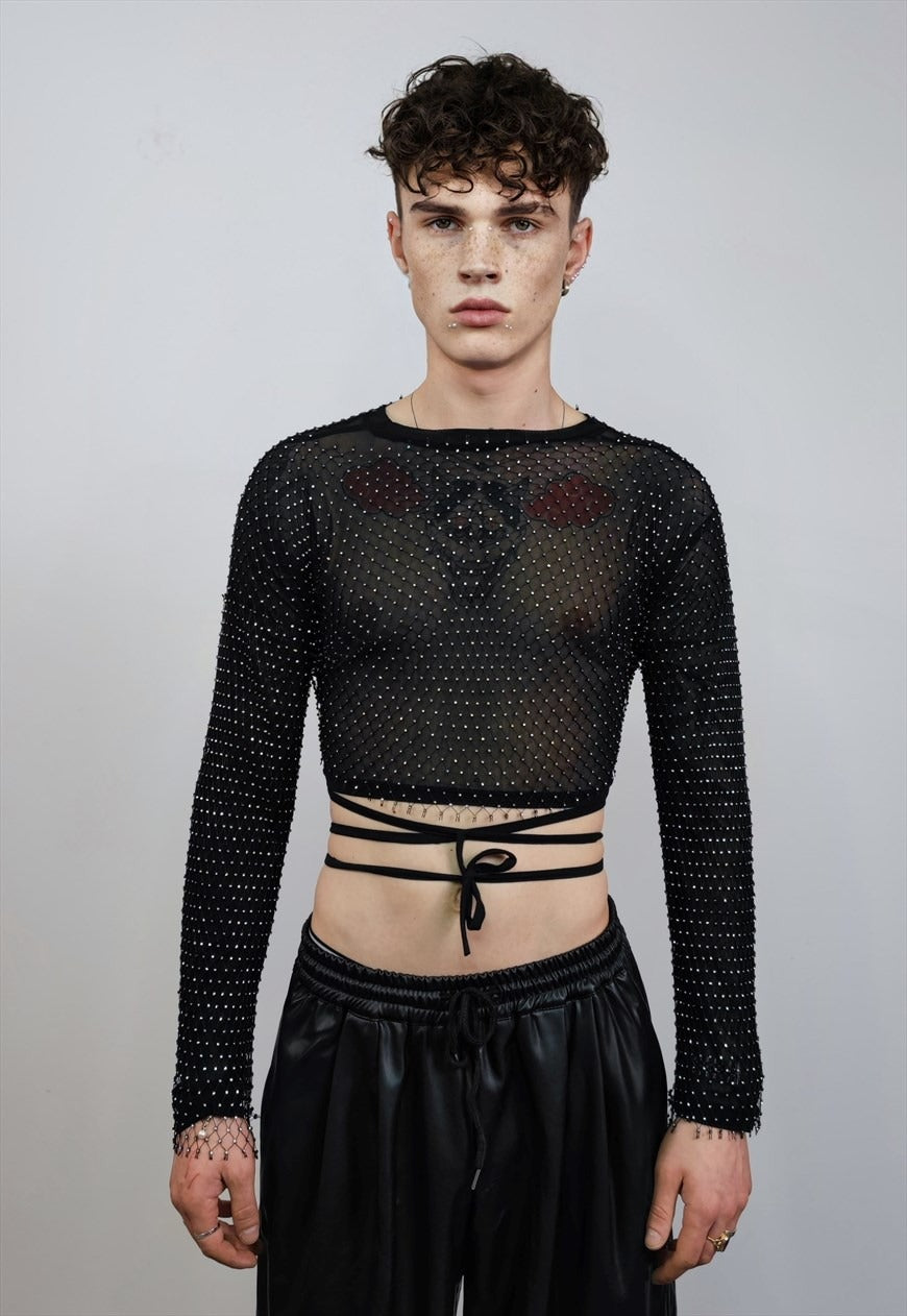 Netted mesh top diamante transparent glitter t-shirt black