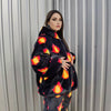 Luxury flame jacket fluffy fire print bomber handmade soft catwalk fleece puffer premium grunge hooded thunder coat in black orange red