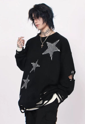 Grunge sweater cutout elbow knitted jumper ripped top black