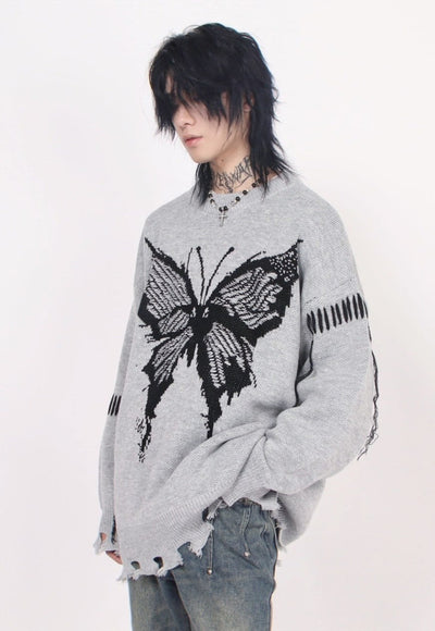 Distressed knitted jumper butterfly sweater ripped top black