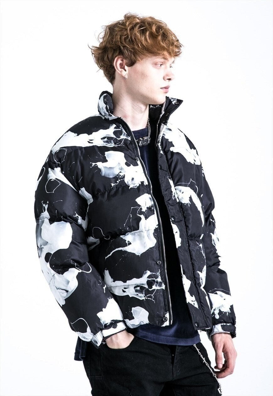 Paint splatter bomber Milk print cow puffer jacket in black