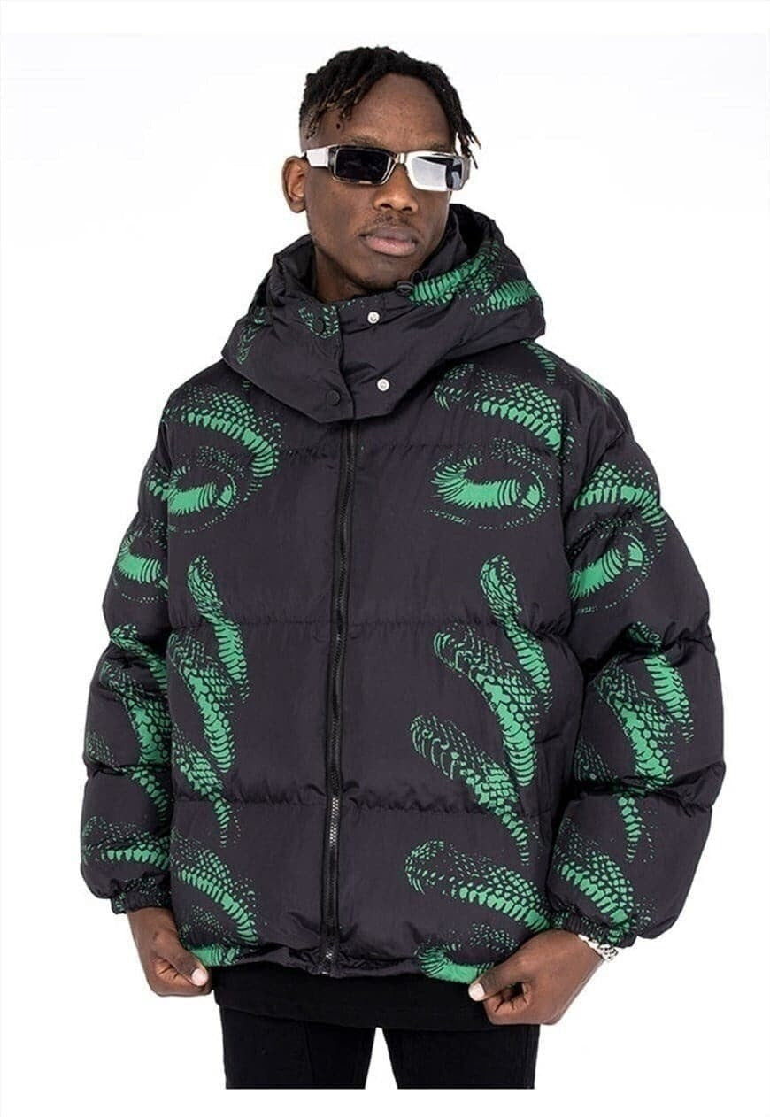 Cobra print bomber jacket Snake high neck puffer in black