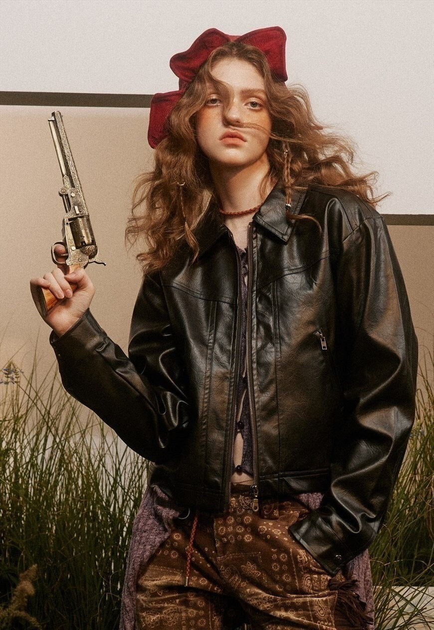 Faux leather jacket racing bomber retro aviator varsity